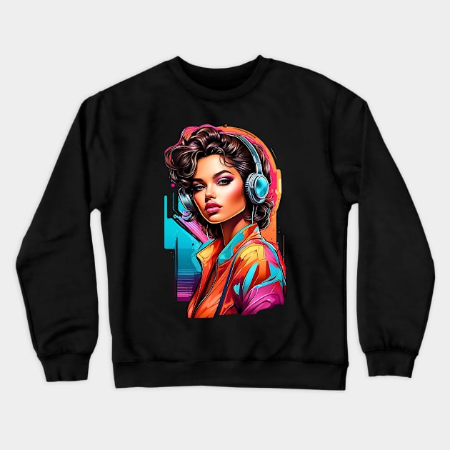 Chic girl with headphones retro vintage 80s design Crewneck Sweatshirt by Neon City Bazaar